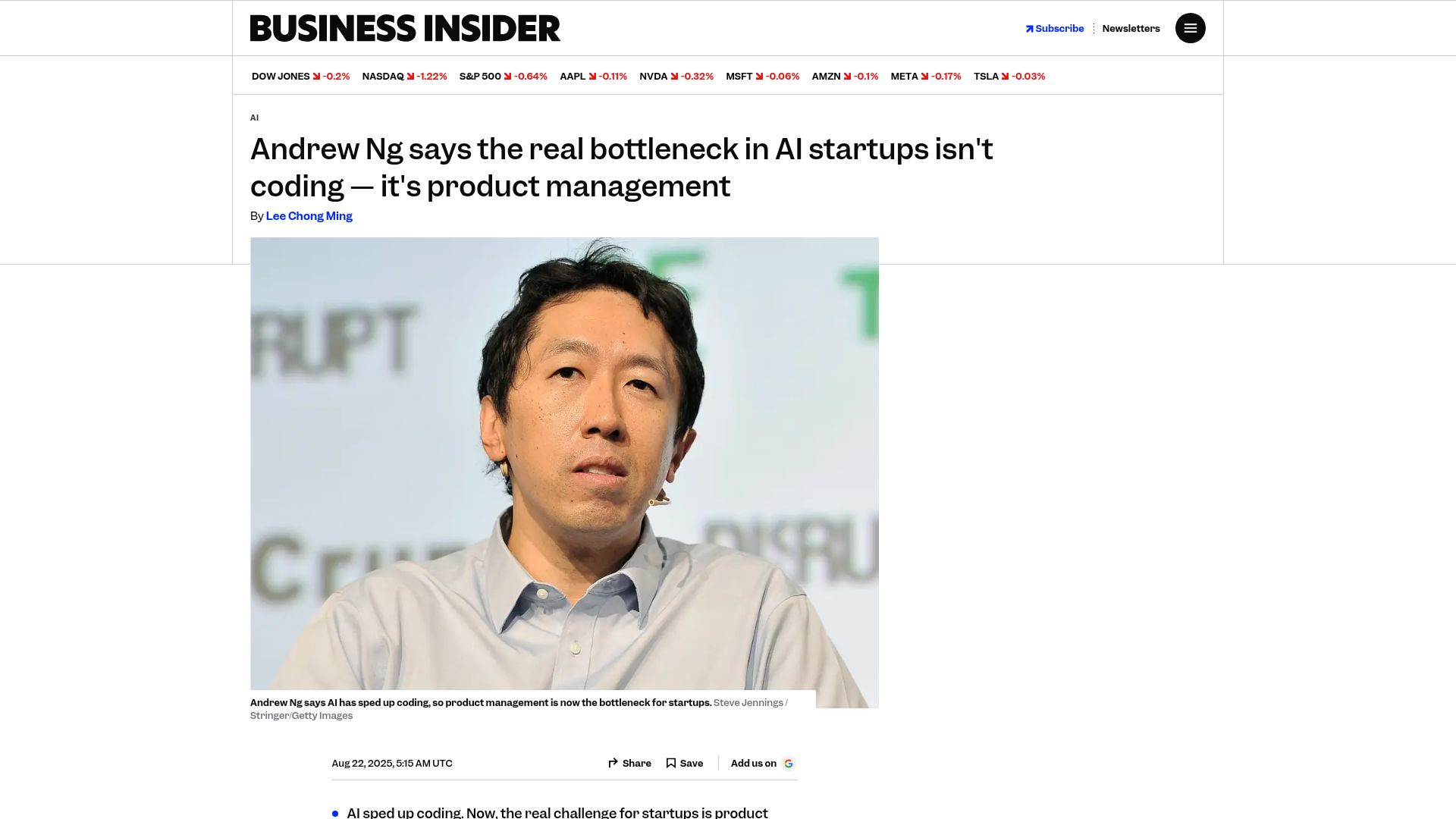Screenshot of businessinsider.com: Andrew Ng says bottleneck in AI startups isn't coding – it's product management