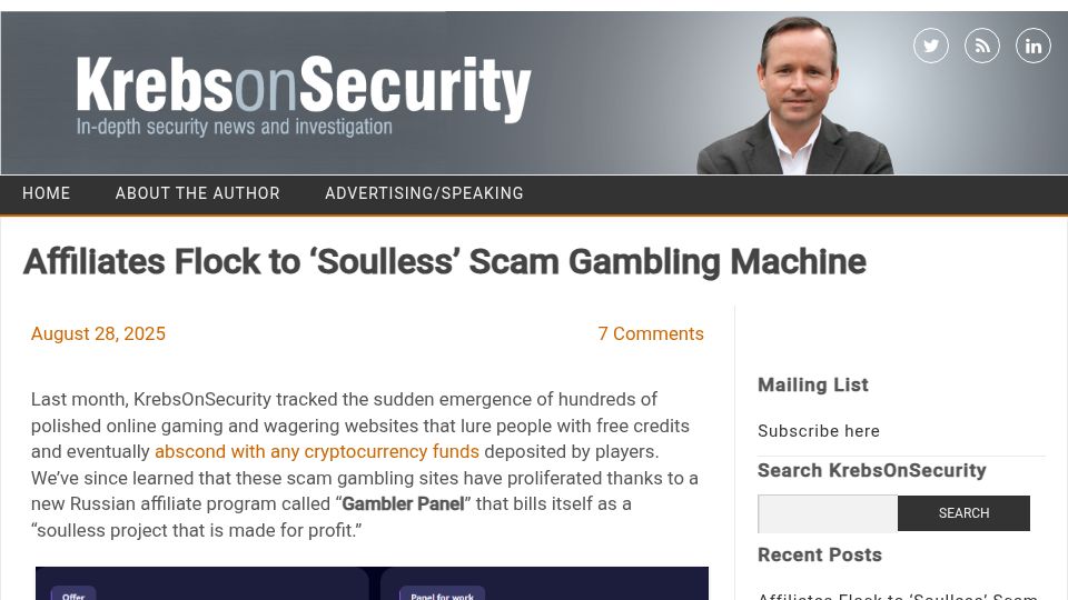 Screenshot of krebsonsecurity.com: Affiliates flock to scam gambling machine