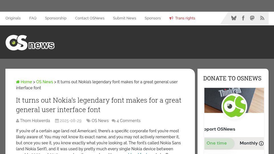 Screenshot of osnews.com: Nokia’s legendary font makes for a great user interface font