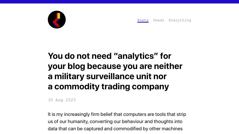 Screenshot of thisdaysportion.com: A blog does not need “analytics”