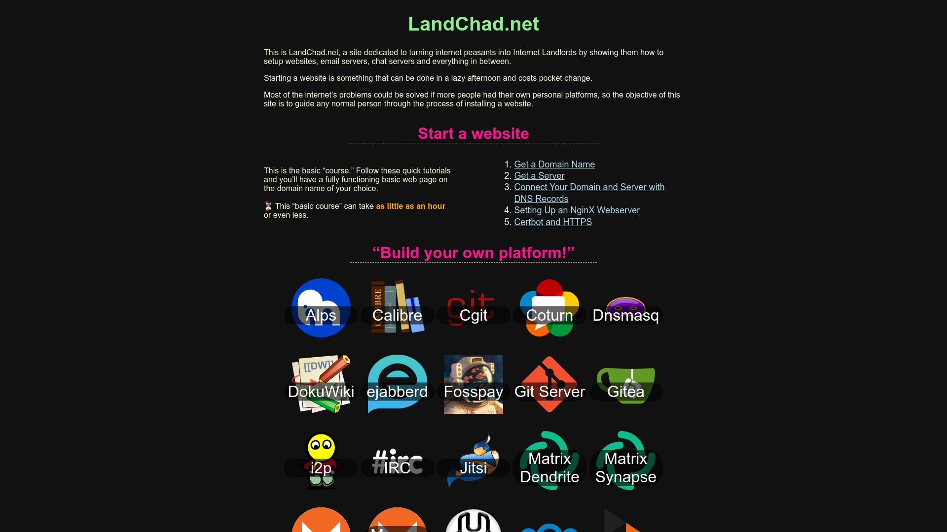 Screenshot of landchad.net: LandChad, a site dedicated to turning internet peasants into Internet Landlords