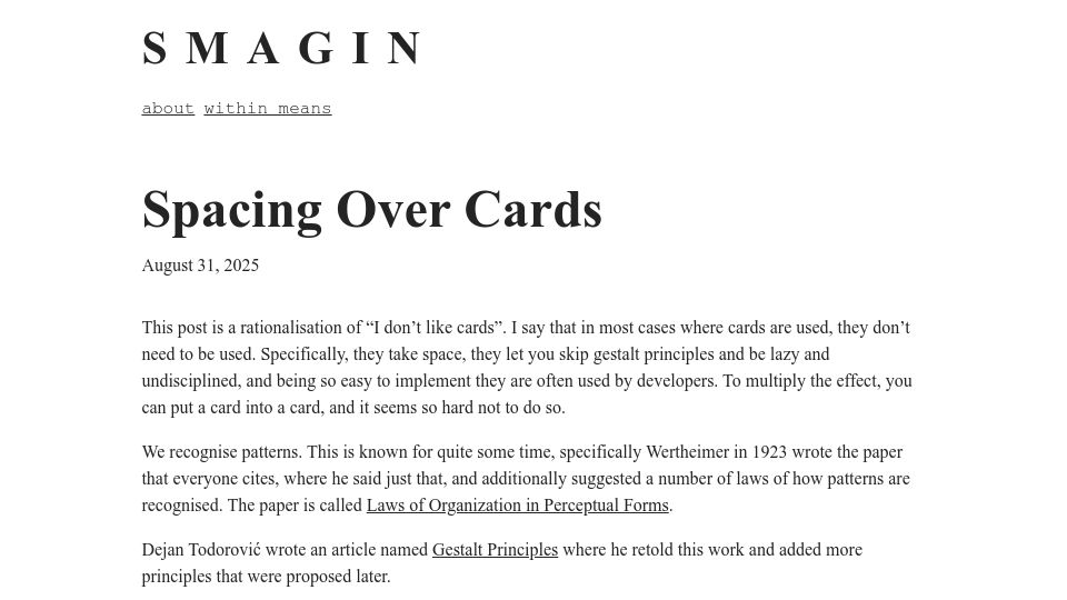 Screenshot of smagin.fyi: Spacing Over Cards