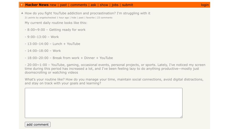 Screenshot of Hacker News post: Ask HN: How do you fight YouTube addiction and procrastination? I'm struggling