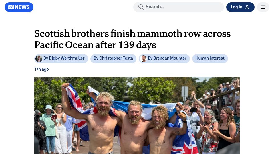 Screenshot of abc.net.au: Scottish brothers finish mammoth row across Pacific Ocean after 139 days