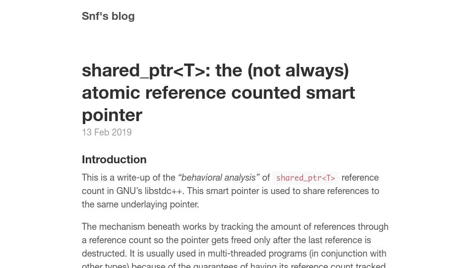 Screenshot of snf.github.io: Shared_ptr<T>: the (not always) atomic reference counted smart pointer (2019)