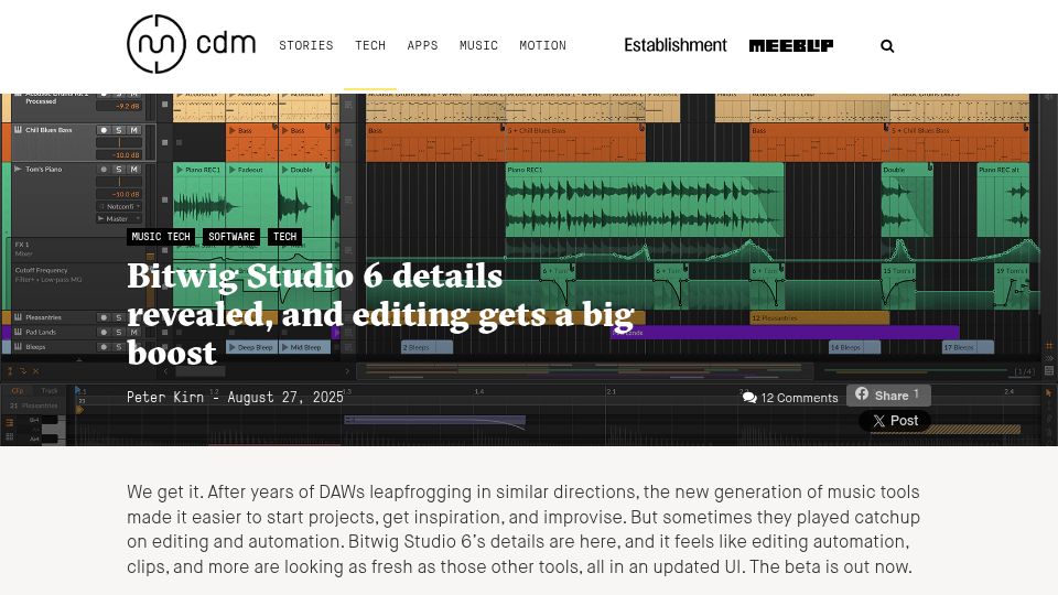 Screenshot of cdm.link: Bitwig Studio 6 details revealed, and editing gets a big boost