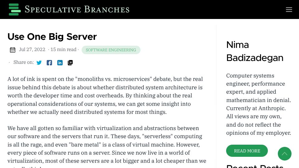 Screenshot of specbranch.com: Use One Big Server (2022)