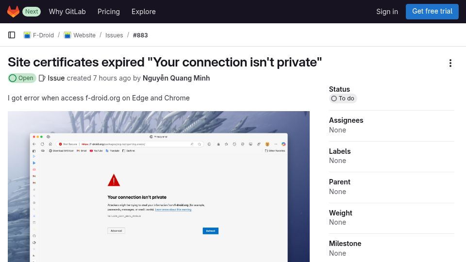 Screenshot of gitlab.com: F-Droid site certificate expired