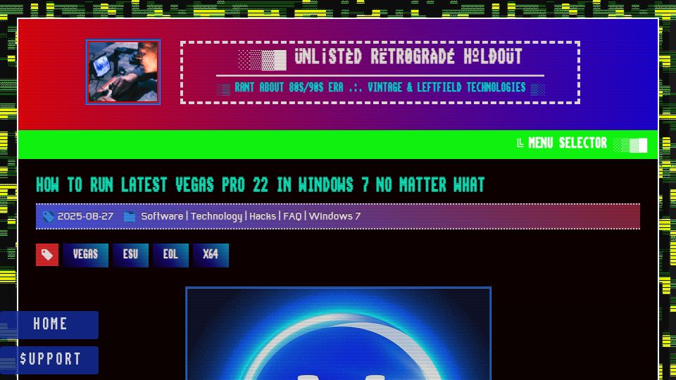 Screenshot of trackerninja.codeberg.page: How to run latest Vegas Pro 22 in Windows 7 x64