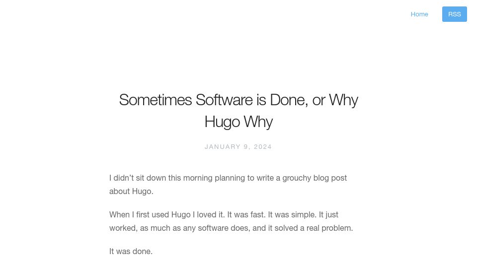 Screenshot of commaok.xyz: Sometimes Software Is Done, or Why Hugo Why (2024)