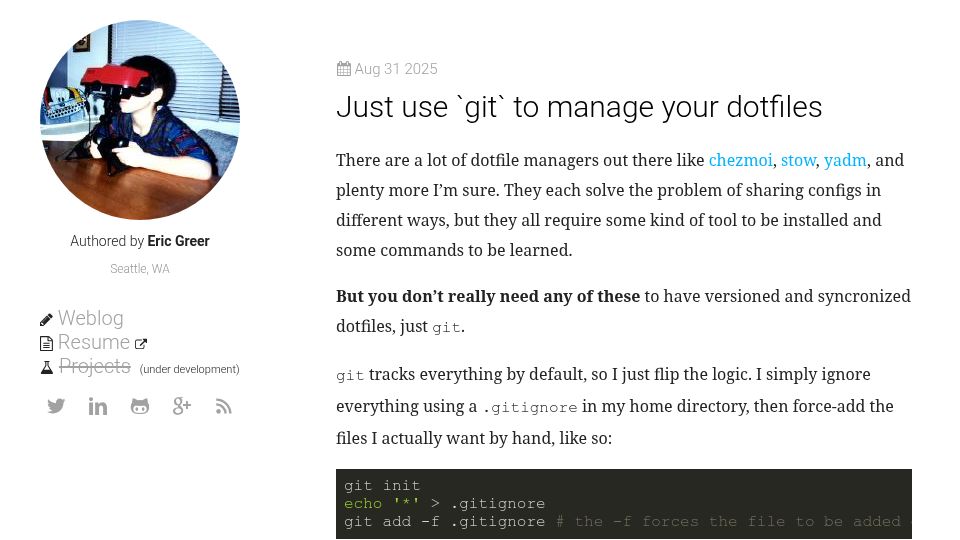 Screenshot of ericgreer.info: Just use `git` to manage your dotfiles