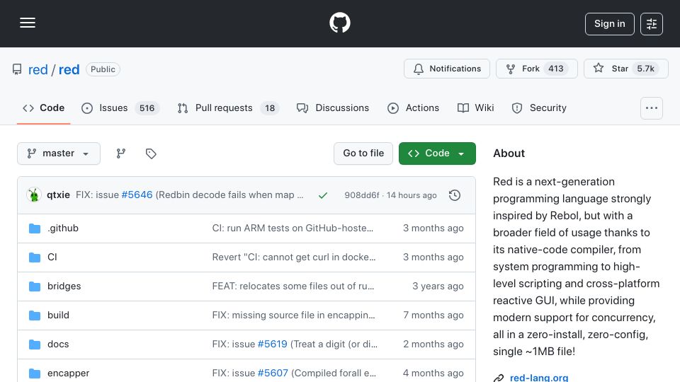 Screenshot of github.com: Red: A programming language inspired by REBOL