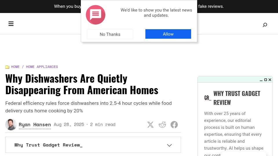Screenshot of gadgetreview.com: Why Dishwashers Are Quietly Disappearing from American Homes