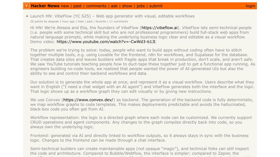 Screenshot of Hacker News post: Launch HN: VibeFlow (YC S25) – Web app generator with visual, editable workflows