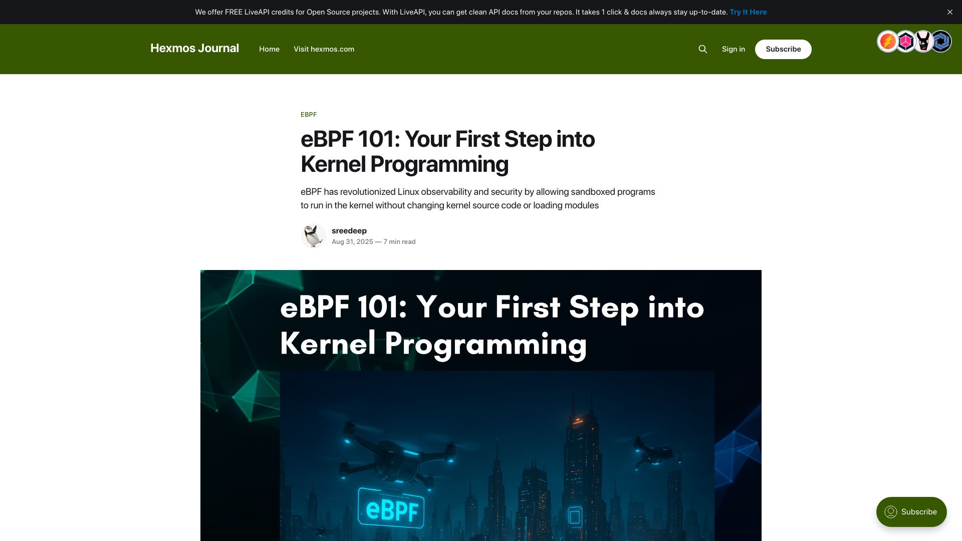 Screenshot of journal.hexmos.com: eBPF 101: Your First Step into Kernel Programming