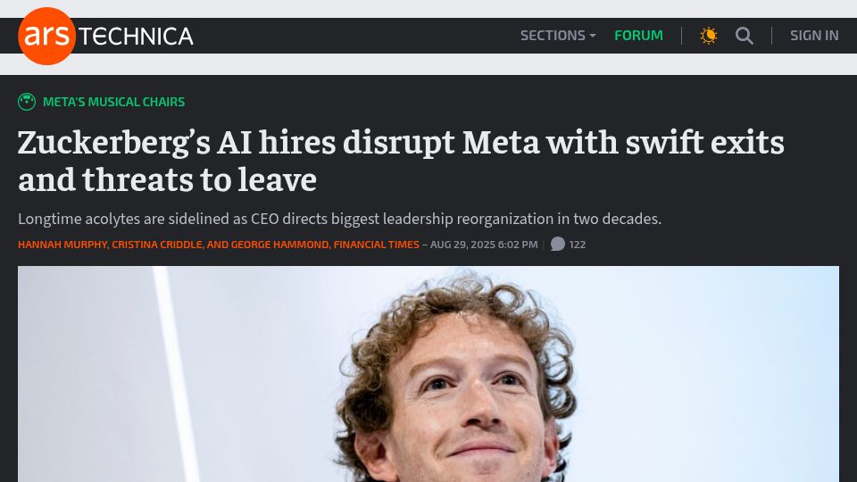 Screenshot of arstechnica.com: Zuckerberg’s AI hires disrupt Meta with swift exits and threats to leave