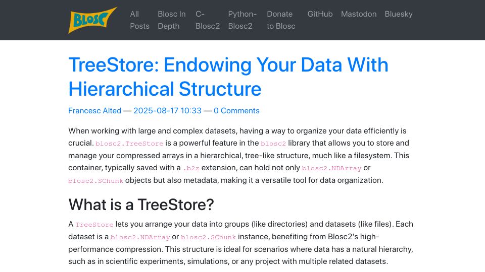Screenshot of blosc.org: TreeStore: Endowing Your Data with Hierarchical Structure