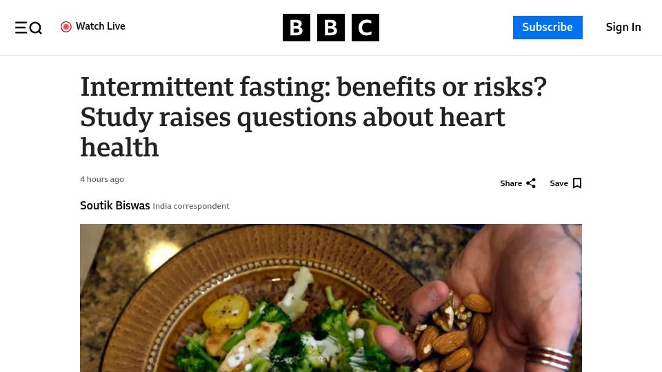 Screenshot of bbc.com: Intermittent fasting correlated with increased risk of cardiovascular disease
