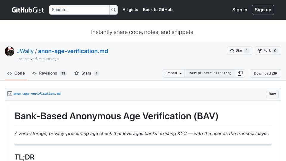 Screenshot of gist.github.com: Show HN: Anonymous Age Verification
