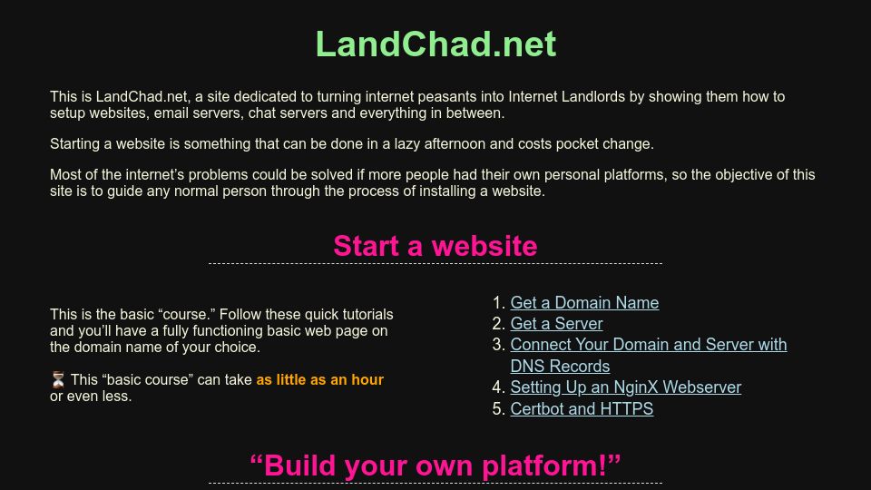 Screenshot of landchad.net: LandChad, a site dedicated to turning internet peasants into Internet Landlords