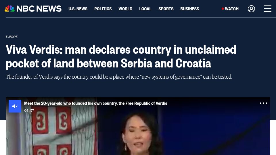Screenshot of nbcnews.com: Man declares country in unclaimed pocket of land between Serbia and Croatia