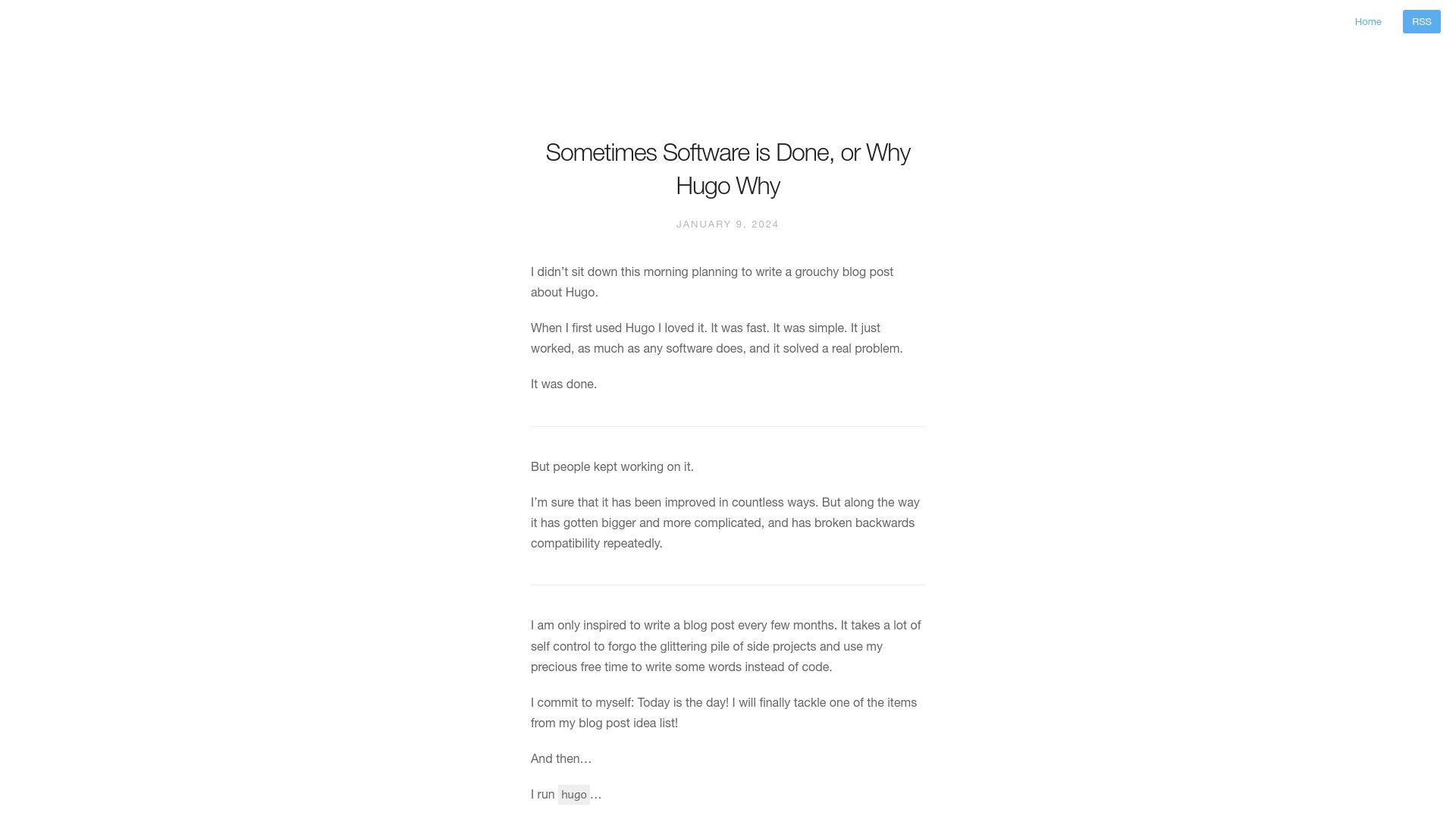 Screenshot of commaok.xyz: Sometimes Software Is Done, or Why Hugo Why (2024)