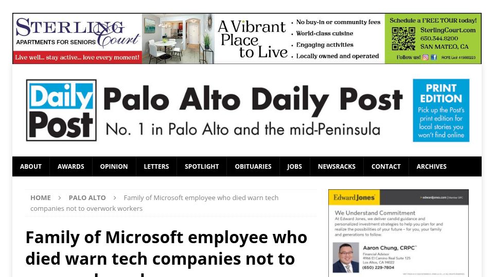 Screenshot of padailypost.com: Family of MSFT employee who died warn tech companies not to overwork workers
