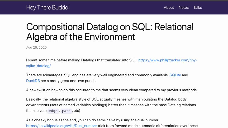 Screenshot of philipzucker.com: Compositional Datalog on SQL: Relational Algebra of the Environment