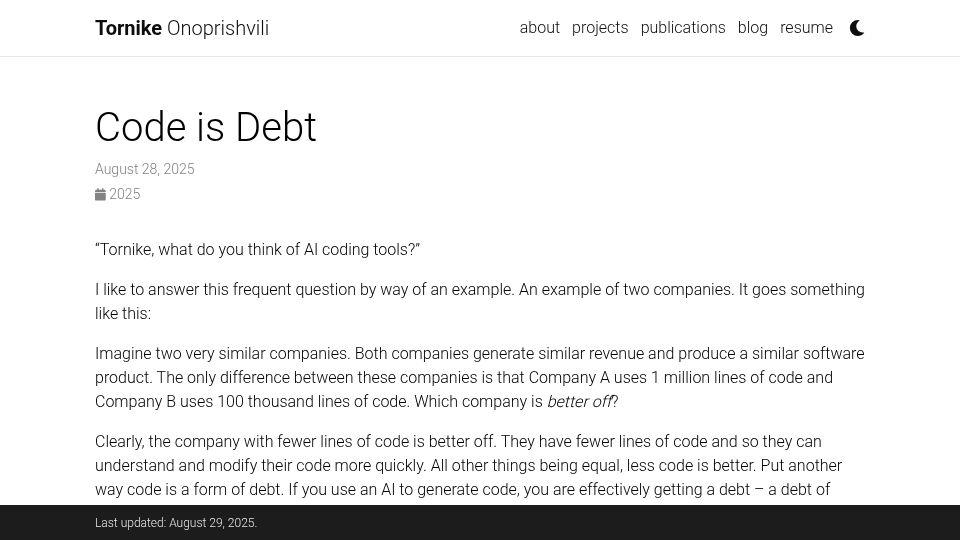 Screenshot of tornikeo.com: Code Is Debt