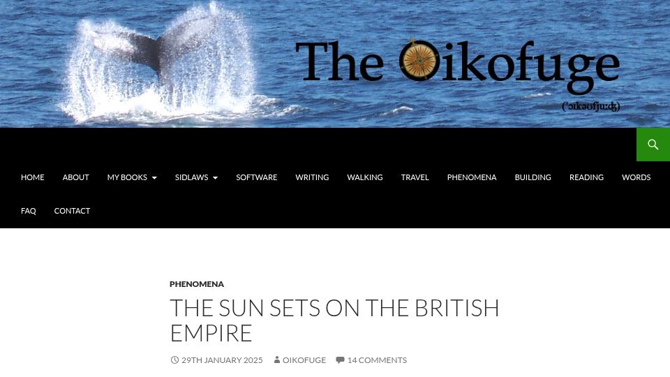 Screenshot of oikofuge.com: When the sun will literally set on what's left of the British Empire