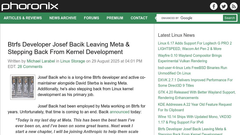 Screenshot of phoronix.com: Josef Bacik Leaving Meta and Stepping Back from Kernel Development