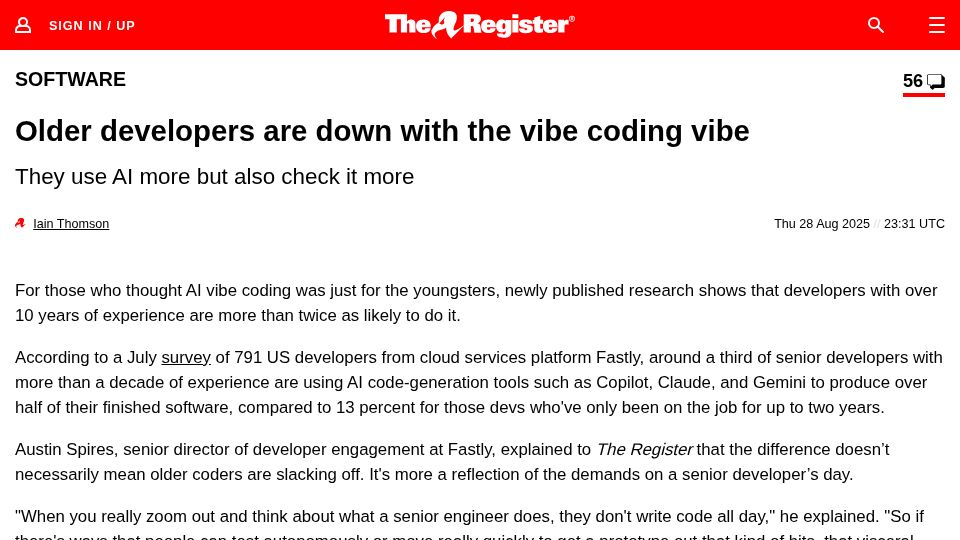Screenshot of fastly.com: Survey: a third of senior developers say over half their code is AI-generated