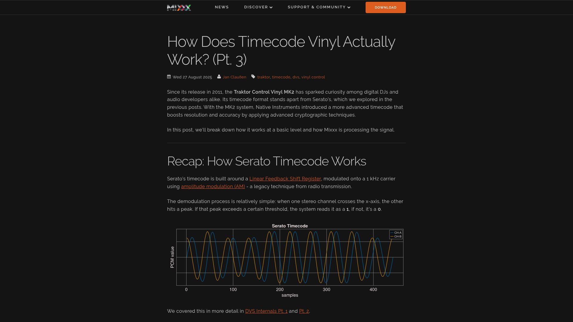 Screenshot of mixxx.org: How Does Timecode Vinyl Work? (Pt. 3)