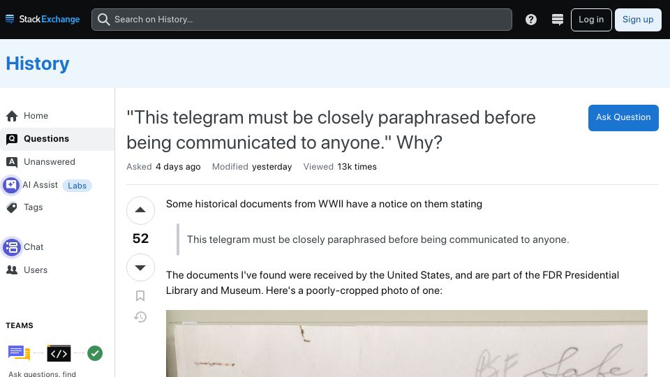 Screenshot of history.stackexchange.com: “This telegram must be closely paraphrased before being communicated to anyone”