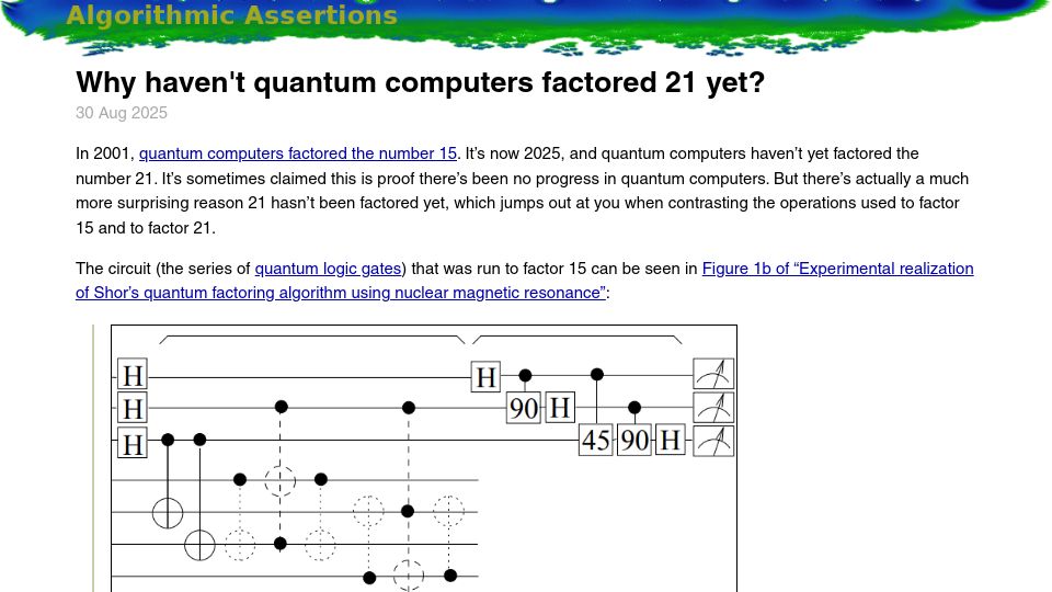 Screenshot of algassert.com: Why haven't quantum computers factored 21 yet?