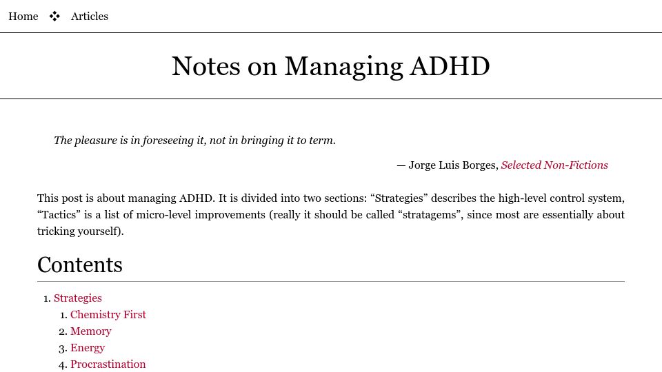 Screenshot of borretti.me: Notes on Managing ADHD