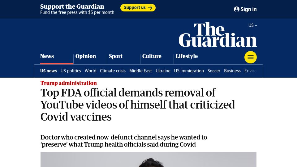 Screenshot of theguardian.com: FDA official demands removal of YouTube videos of himself criticizing vaccines