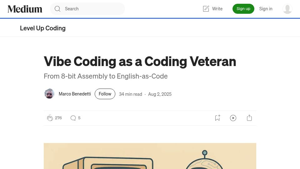 Screenshot of levelup.gitconnected.com: Vibe coding as a coding veteran: from 8-bit assembly to English-as-code