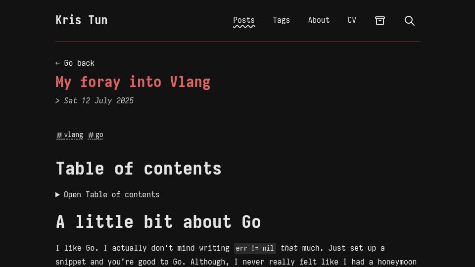 Screenshot of kristun.dev: My Foray into Vlang