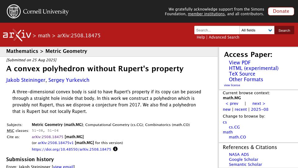 Screenshot of arxiv.org: A convex polyhedron without Rupert's property