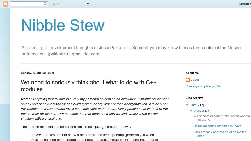 Screenshot of nibblestew.blogspot.com: What to do with C++ modules?