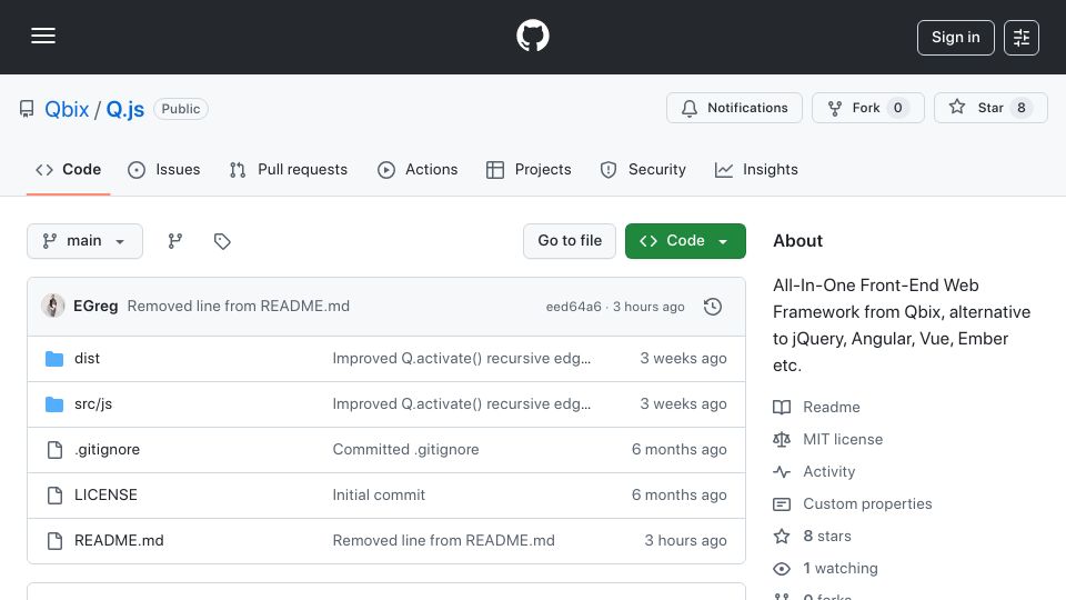 Screenshot of github.com: Show HN: Q.js – Smaller than React/Vue, yet more powerful (40KB gzipped)
