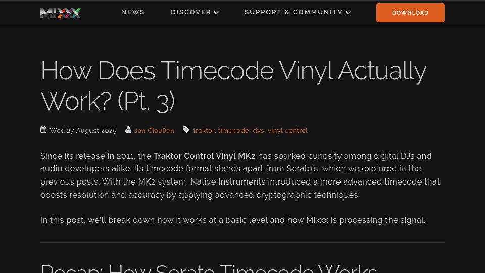 Screenshot of mixxx.org: How Does Timecode Vinyl Work? (Pt. 3)