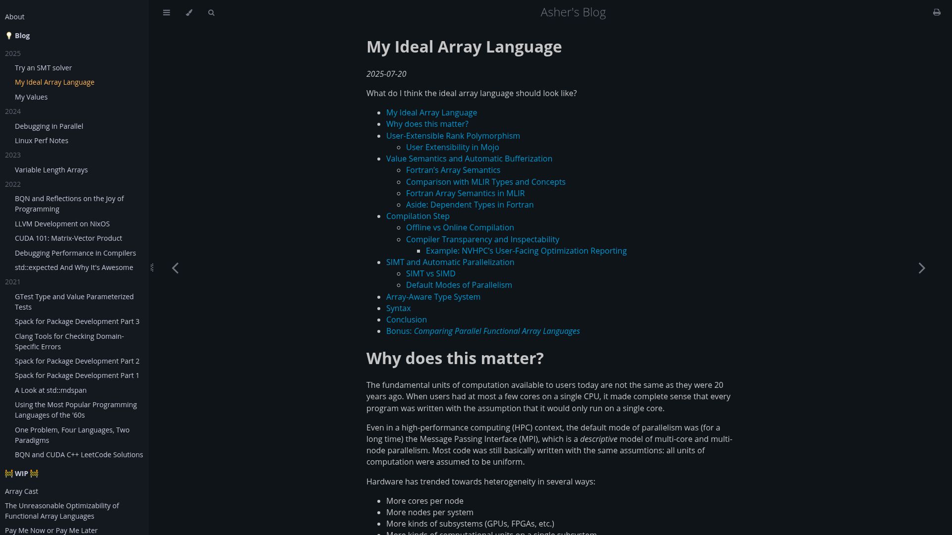 Screenshot of ashermancinelli.com: My Ideal Array Language