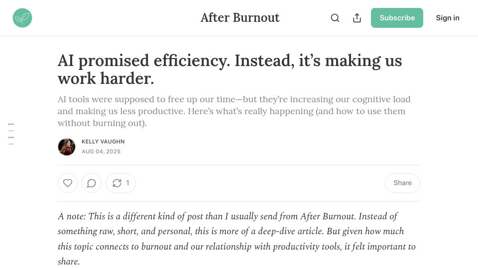 Screenshot of afterburnout.co: AI promised efficiency. Instead, it's making us work harder