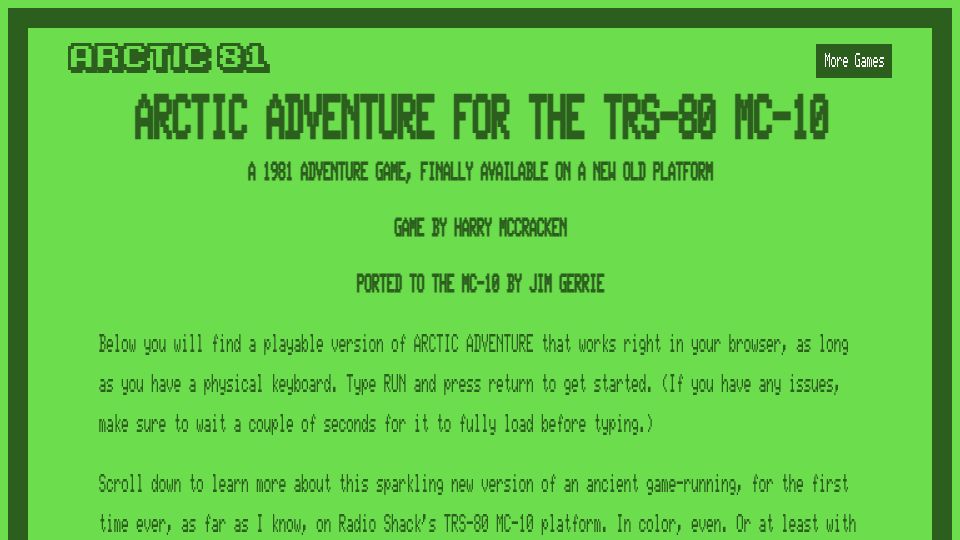 Screenshot of arctic81.com: 1981 BASIC adventure game comes to a new platform, the TRS-80 MC-10