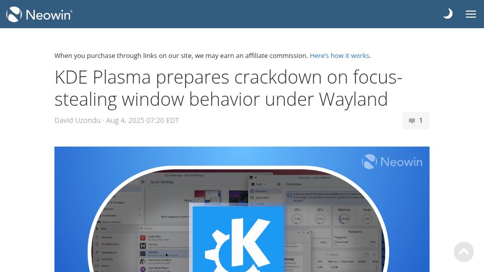 Screenshot of neowin.net: KDE Plasma prepares crackdown on focus-stealing window behavior under Wayland
