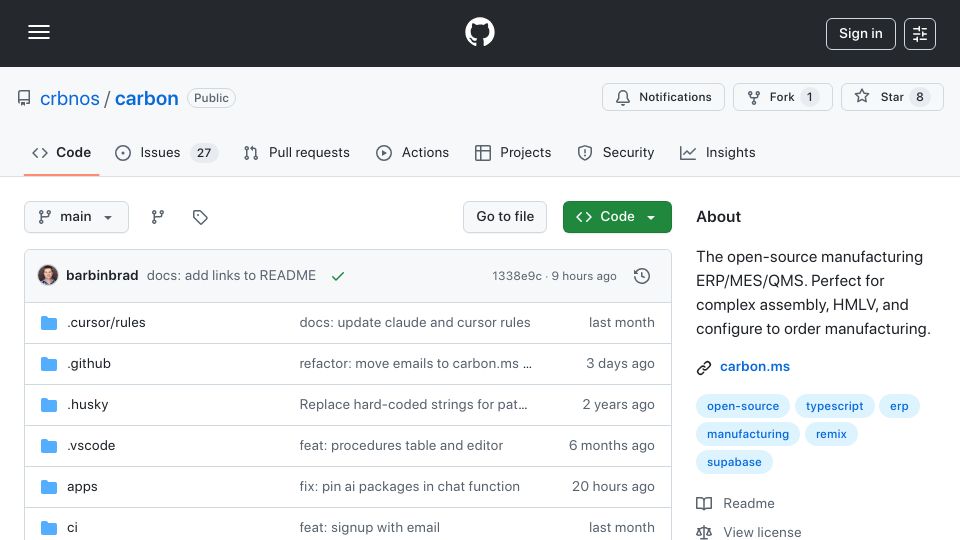 Screenshot of github.com: Show HN: I've been building an ERP for manufacturing for the last 3 years