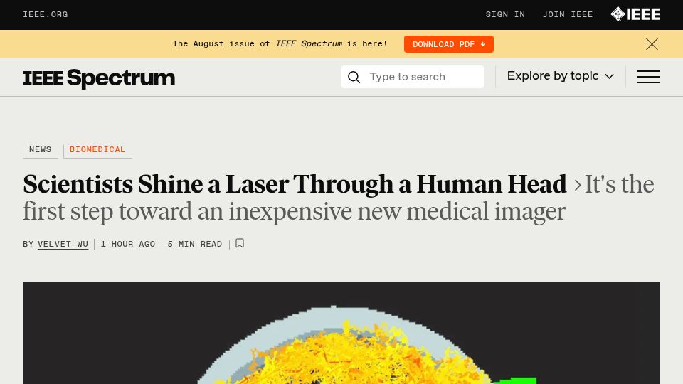 Screenshot of spectrum.ieee.org: Scientists shine a laser through a human head