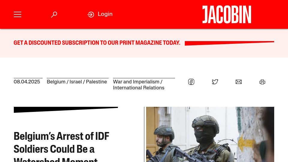 Screenshot of jacobin.com: Belgium's Arrest of IDF Soldiers Could Be a Watershed Moment